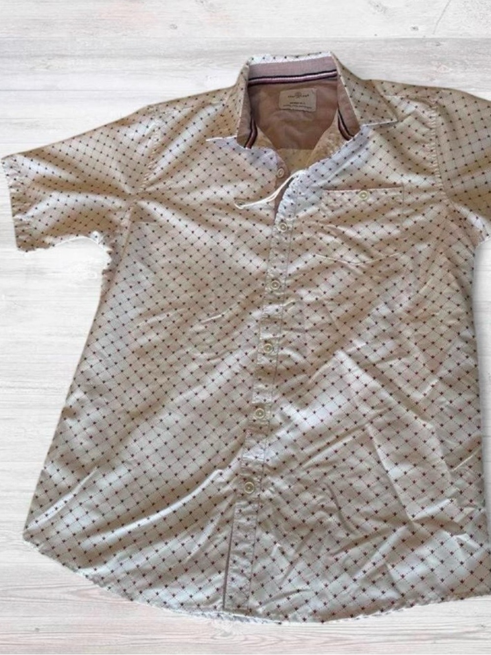 Boys' Short-Sleeve Button-Down Shirt in Off-White with Micro Dot Pattern